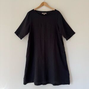 Flax Black Linen Lagenlook Crewneck Midi Dress with Side Pockets, Size S